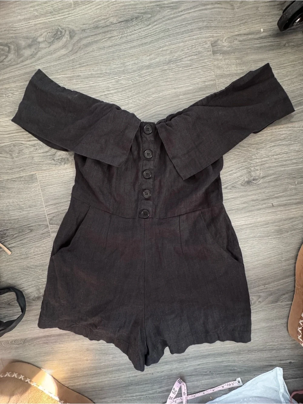 Reformation Frankie Romper Black Linen Off-Shoulder Onesie 6 Summer Resortwear
